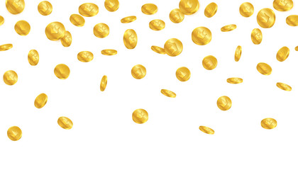 Falling of treasure golden coins with crown symbol on white background.