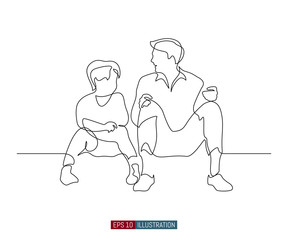 Continuous line drawing of father and son sit and talk. Template for your design works. Vector illustration.