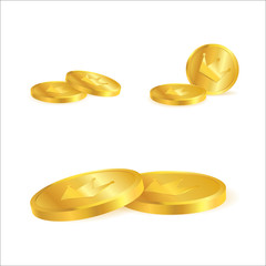 Golden coins with crown symbol on white background.