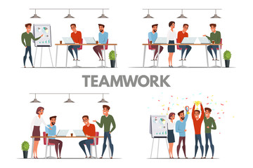 Teamwork, team building flat illustrations set