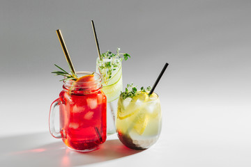 Variety summer drinks with fresh citrus, herbs and ice.