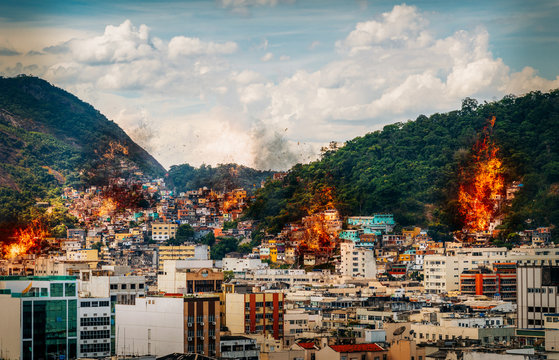 Fire at favelas in Rio de Janeiro, Brazil - digital manipulation
