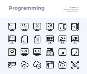  Coding and Programming Line Icons. Material design pixel perfect icon. Editable Stroke. 32x32 Pixel Perfect icon