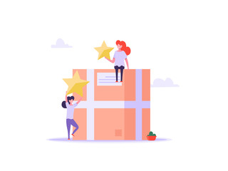 Concept of delivery, shipping, online service, feedback. Happy people getting order online with box and smartphone. Vector illustration in flat design