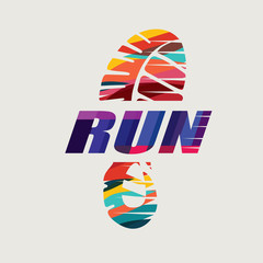 Run symbol in grunge style, sneakers print marathon icon, poster and logo template - 268516778