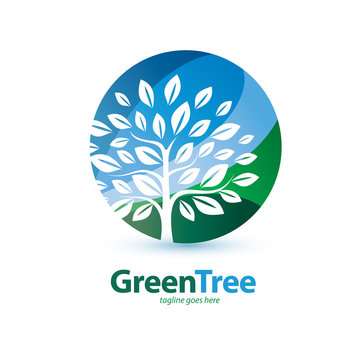 green tree stylized symbol, logo or emblem template, eco end environment concept