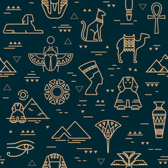 Dark seamless pattern of symbols, landmarks, and signs of Egypt from icons in a linear style. - obrazy, fototapety, plakaty