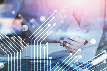 Woman with phone, technology interface