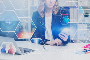 Woman with gadgets, virtual digital screen