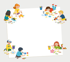 Cute children have fun and ready to get painting together. Template for advertising brochure. Children look up with interest. Art kids. Back to School.