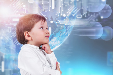 Thinking little boy, internet hologram