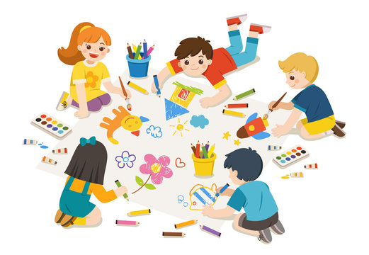 Happy Children draw pictures pencils and paints on floor. Back to School. Group of Art kids. Isolated vector.