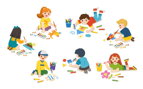 Happy Children draw pictures pencils and paints on floor. Back to School. Group of Art kids. Isolated vector.