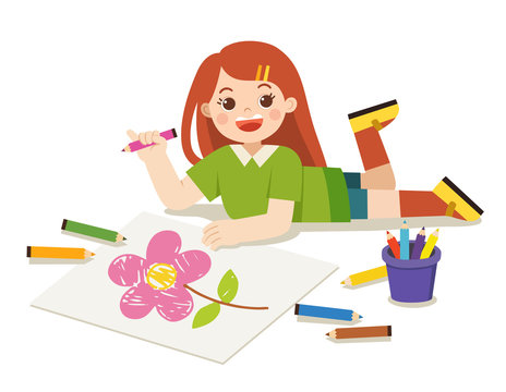 Back to school, Happy Girl draw pictures pencils and paints on floor.Isolated vector.