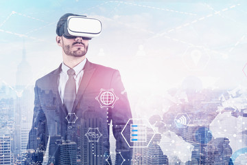 Man in VR glasses, global technology interface