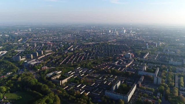 High altitude aerial view of Overvecht is a green and spacious neighborhood in the Dutch town of Utrecht and is one of the ten districts in which Utrecht is divided by government 4k high resolution