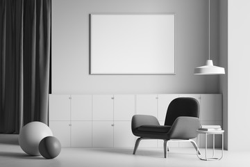 Gray living room interior, armchair and poster