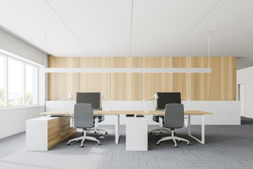 Wooden and white open space office interior