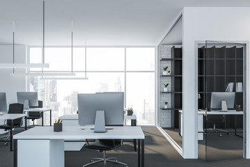 White open space office with bookcase