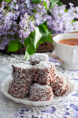 Australian dessert Lamington. Australian cake.