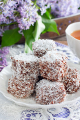 Australian dessert Lamington. Australian cake.