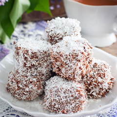 Australian dessert Lamington. Australian cake.