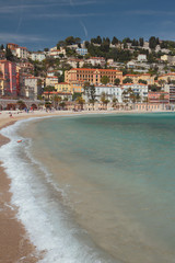 Sea gulf and city on hill. Menton, Nice, France