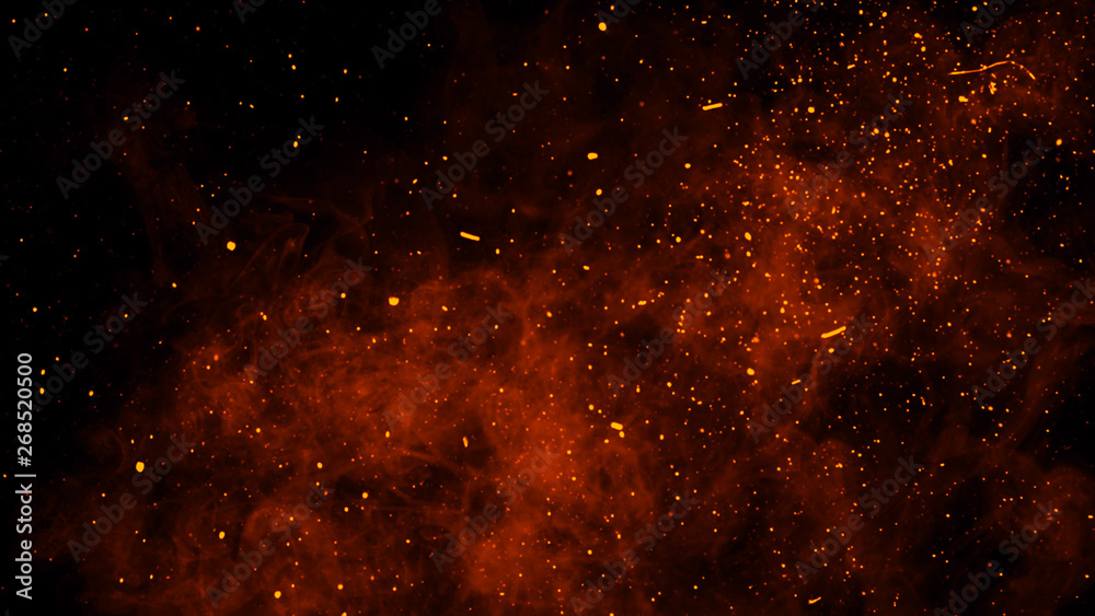 Wall mural fire embers particles texture overlays . burn effect on isolated black background. design texture.