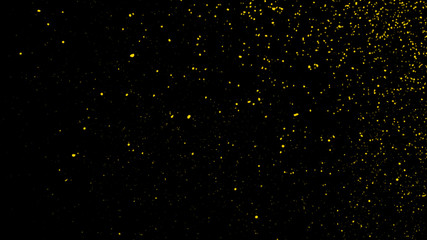 Yellow particles effect dust debris isolated on black background, motion powder spray burst in dark texture