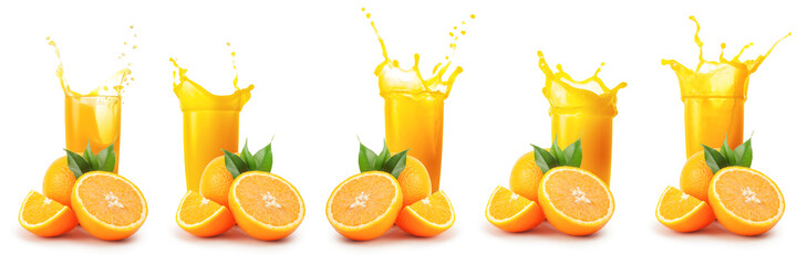 Oranges and glass of orange juice with splash