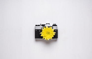 Vintage camera with a yellow flower instead of a lens.  old camera on a white background. Instead of a lens, a flower with yellow petals