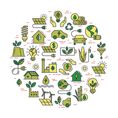 Circular concept set of vector green power symbol made with the wind, solar, water and biomass icons in the line style. Environmental protection illustration.