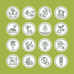 Monochrome icon set of icons relating to the production and distribution of green energy, white background. Icon set in line style.