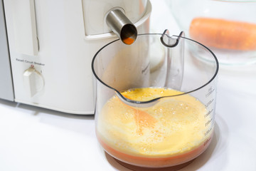 Modern electric juicer  various fruit and glass of freshly made juice  healthy lifestyle concept