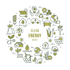 Circular concept set of vector green power symbol made with the wind, solar, water and biomass icons in the line style with place for text. Environmental protection illustration.