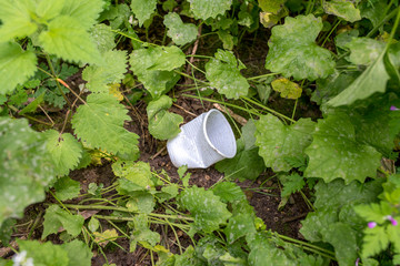 Close up of plastic glass in nature as concept for environmental pollution 