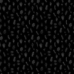 Hand drawn floral branches seamless pattern, white flowers on black background..