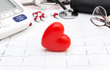 Red heart with tonometer and stethoscope on cardiogram. Medical concept.