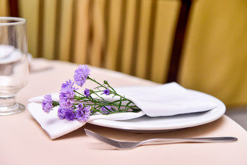 Fototapeta na wymiar table setting with white plate and napkin with lilac flower.