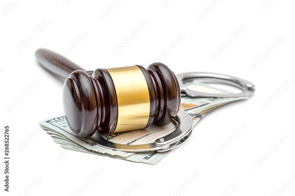 Poster gavel, money and handcuffs on white.