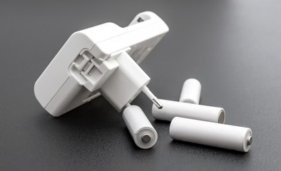 Rechargeable batteries with charger on black background.