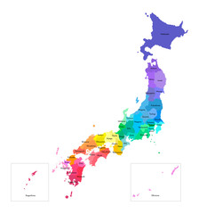 Obraz premium Vector isolated illustration of simplified administrative map of Japan. Borders and names of the prefectures. Multi colored silhouettes