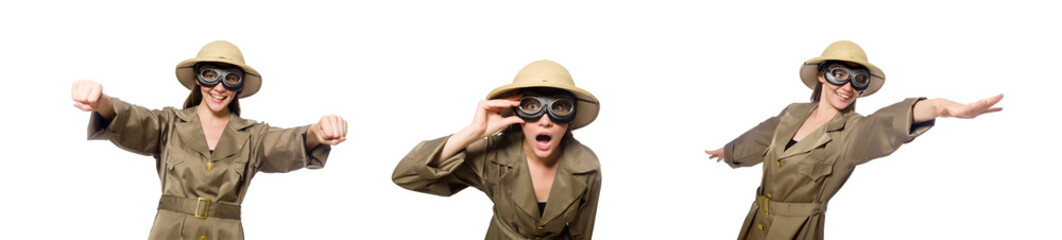 Woman wearing safari hat on white