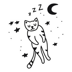 Sleeping cat. Hand drawn icon. Vector illustration for greeting card, textile t shirt, print, stickers, posters design.