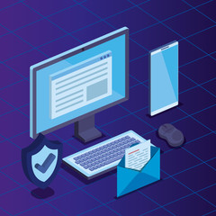 computer with document and smartphone technology with shield security
