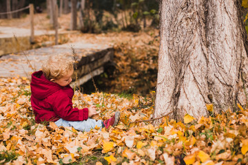 Well-sheltered two year old boy lying on dry leaves fallen in autumn.