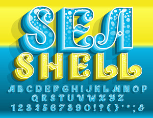 Retro 3D Alphabet, vintage poster Seashell. Vector font for sea, summer and travel design