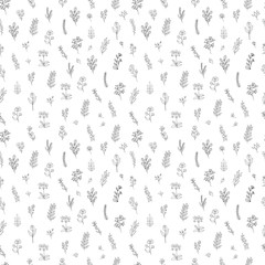 Hand drawn floral branches seamless pattern, black flowers on white background..