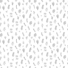 Hand drawn floral branches seamless pattern, black flowers on white background..