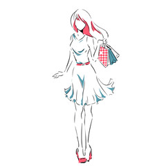 Sketch with elegant girl with shopping bags